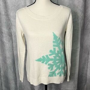 JC Penney Cream Boatneck Long Sleeved Sweater with Aqua Snowflake - size Small